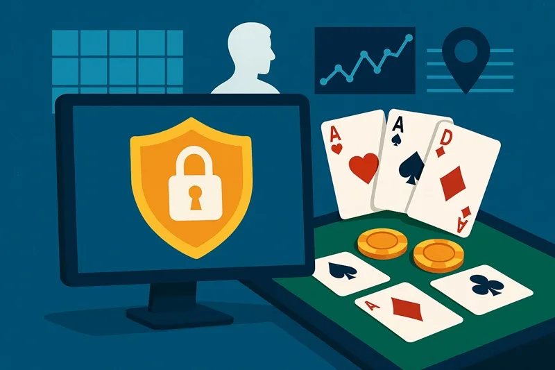 Monitor with shield and cards on a poker table